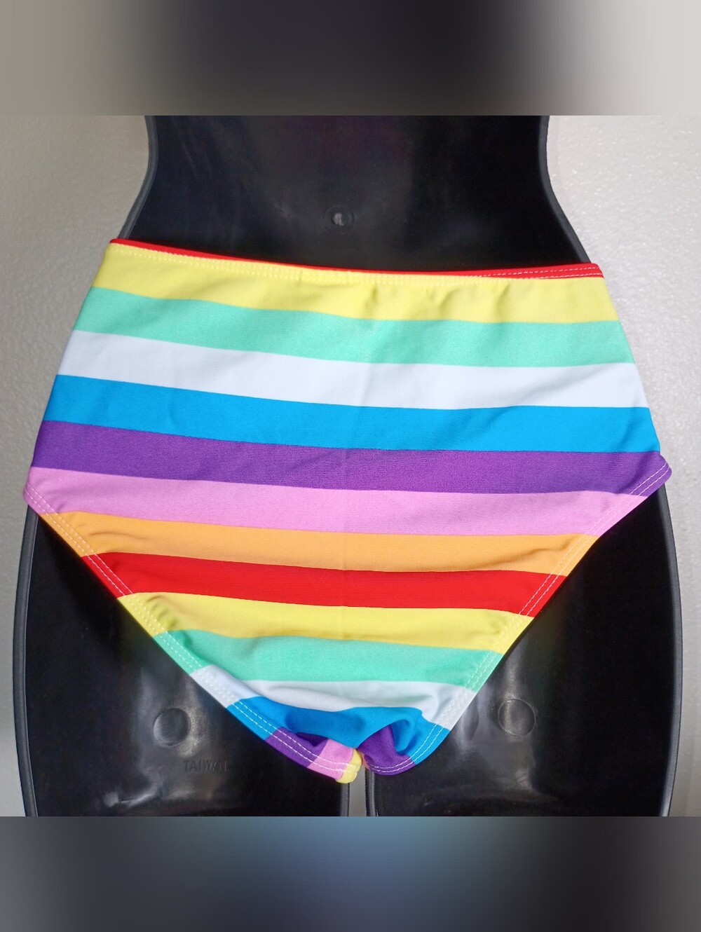 Bright Rainbow Striped Tie-Front High Waist Full Bikini Bottom Set- Size Small - Picture 6 of 11